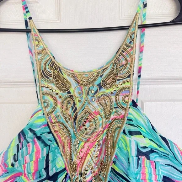 Lilly Pulitzer Lanette High Tide Navy Dancing Lady with Gold Beads and Stitch.